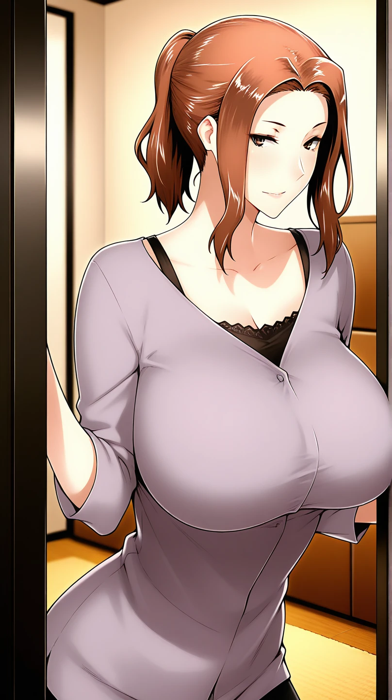 Beautiful and sexy girl, big breasts and plump, short brown hair and wearing tank top