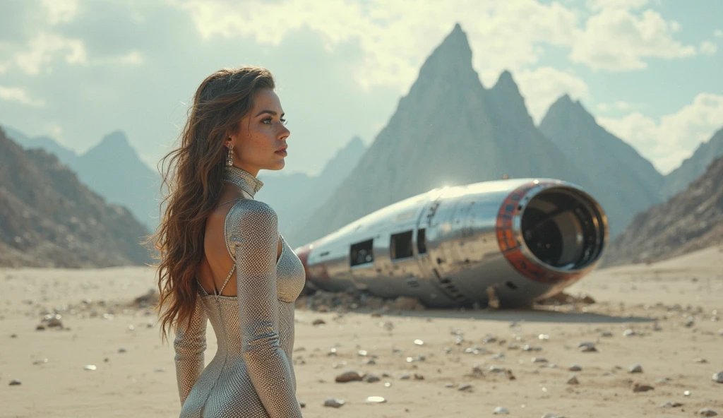 (((At night, 1girl, solo, cowboy shot of a western woman, photo realistic, large-breast:1.2 slim body, cleavage, off tube top, short pleated miniskirt, standing on rooftop, matrix style black sunglasses, shooting with a short gun, half-body thigh level medium shot))). Simple aerial view of a space station in the background.