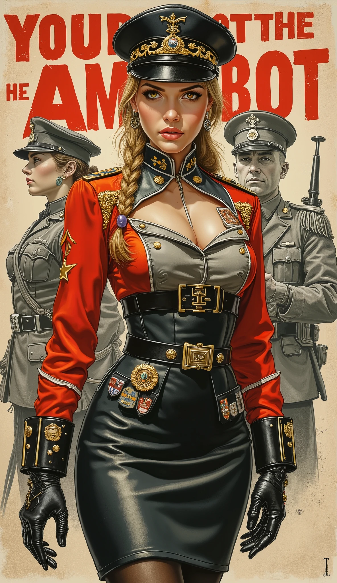 Detailed proportions and textures and multi-color with airbrushed brush strokes that presents a semi-realistic illustration in Chinese A beautiful and strong young woman in a steampunk and epic fantasy style military uniform where black-gray tones predominate, mixed with bright colors (full body, with a confident and daring stance, playful look, bright yellow-gold eyes, defined eyebrows, long eyelashes, perfect face, full lips, round and huge breasts, flat stomach, wide hips, thin waist, thick thighs), Her long, straight blonde hair is tied into a (long) braid that falls down her back. Her uniform consists of a red, grey and white shirt beautifully decorated with military orders, decorations and medals, a tight, high-waisted, knee-length pencil skirt and an officer's beret decorated with a military police badge. In the background there is a recruitment poster for the army, with large letters (in red) "YOUR PATRIOT THE ARMY NEEDS YOU" and with the image of two soldiers, a woman and a man, all in the style of First World War. The composition, halfway between vintage and Cybermpunk, of the overall image is a clean, sharp and high-quality masterpiece. very balanced saturation in the color palettes very defined (Color with monochorome intense shaded tones and shine, tone red 25% + yellow 25% + blue 25% + biofluorescent 12.5%+ transparencias 12.5%. Aesthetic fusion by (Fibonacci ratio. A poupée realiste of a young military girl. of a young military girl (Including a variety of pink skin and dark-beige tones that give it contrast and shine) character type. Fluid texture that gives the sensation of movement to the Thin, fine of leaves that moulds to the figure (her clothes with relief and folds give volume and depth to the character) style. Haute couture photoshoot (in high quality of full body). Sharp Highly Detailed Soft Focus, Approaching Perfection, Full HD 8K. High and Low Angles. of Coco Chanel, Gianni Versace, Alberto Vargas, Greg Rutkowsk art style fusion.