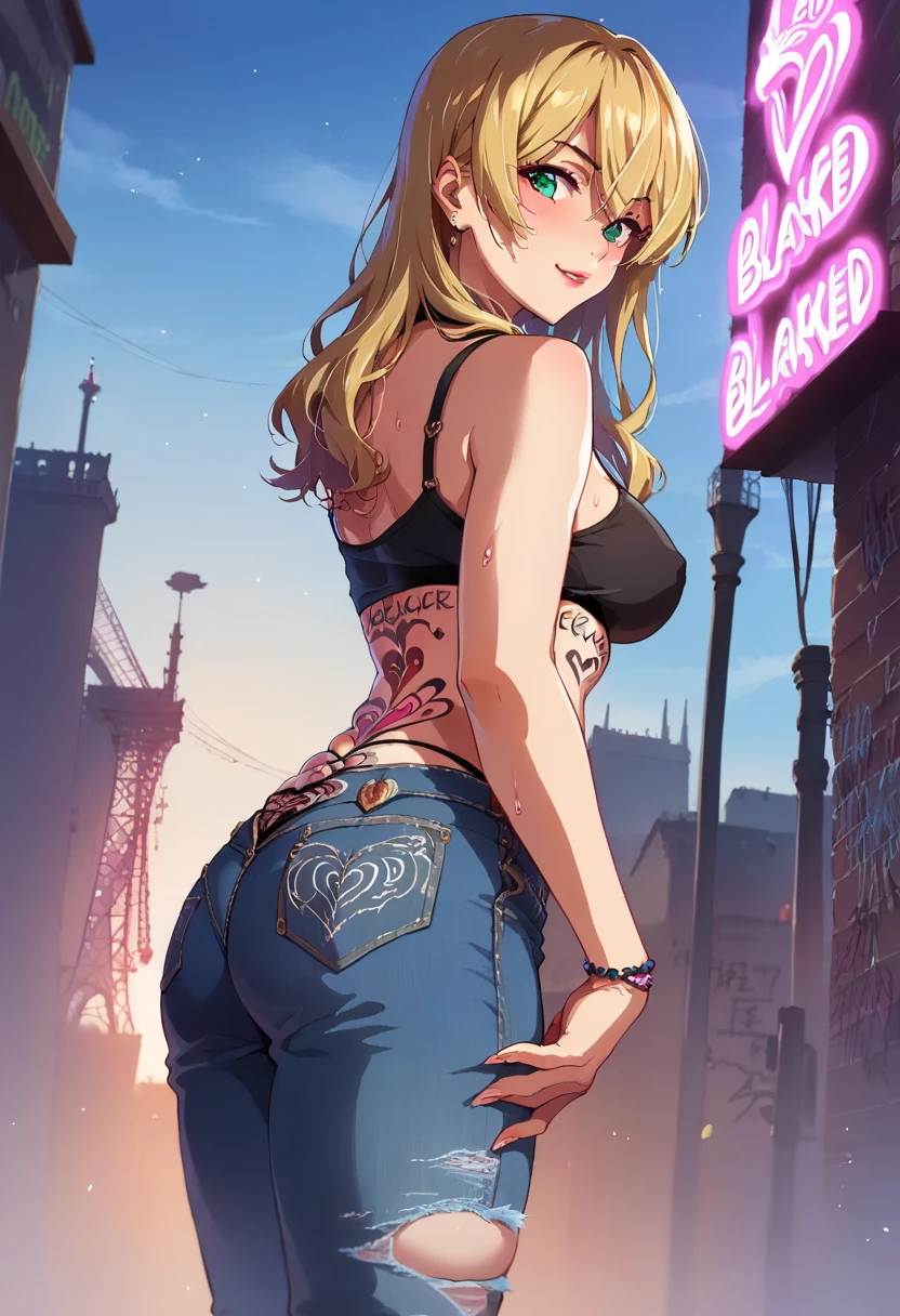 solo woman, blonde, vview from back, bent over, perfect ass, perfect legs, perfect leg gap, black Lace Open Back Panty, open mouth, fishnets, red light district scene, seductive position, intricate details, tattoos, accessories