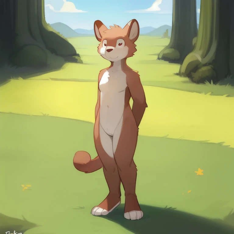 The Q version of the cute wolf,standing, seductive pose, curious expression, looking around, hands in belly, forest background, flowers, daylight, naked, nude, paws, beans