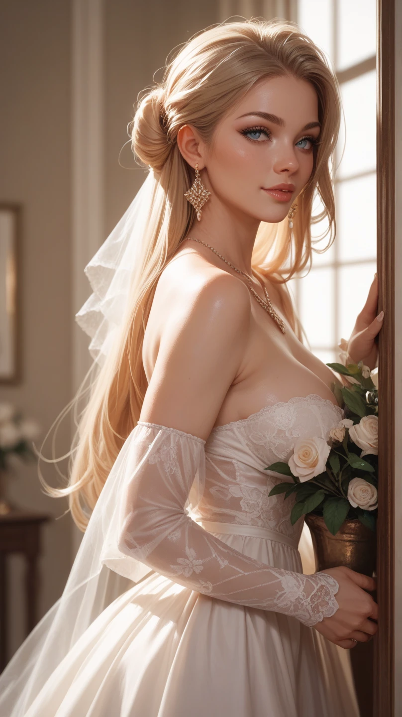 Woman tied up, bondage, armbinder, bride, wedding, princess peach, wedding dress, shibari, arms back, hands back, kneeling in the floor, ballgag