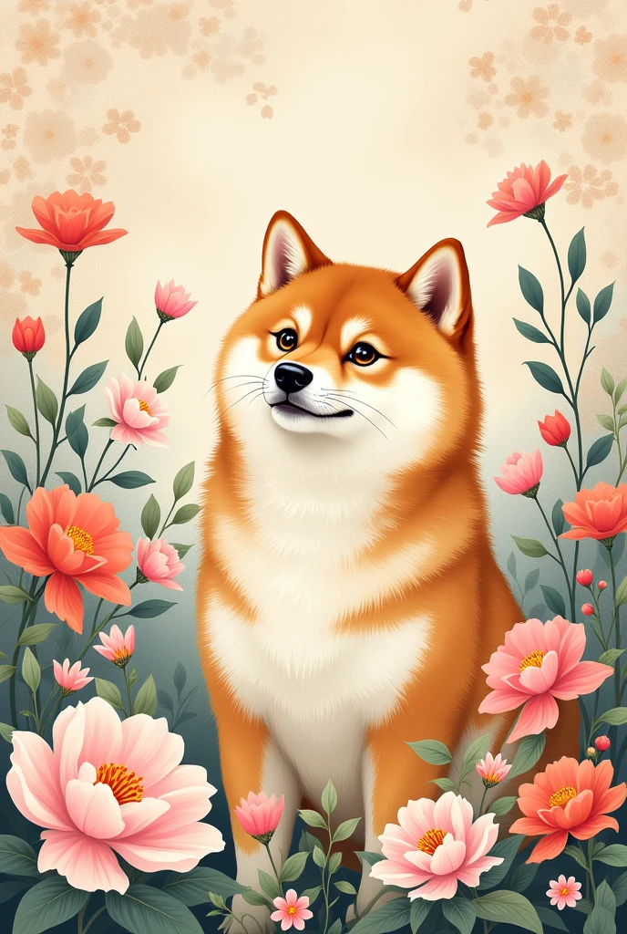 Scenery of Shiba Inu surrounded by flowers。Incorporate a delicate Japanese pattern like yuzen dye into the background、express Japanese glamor with soft colors。