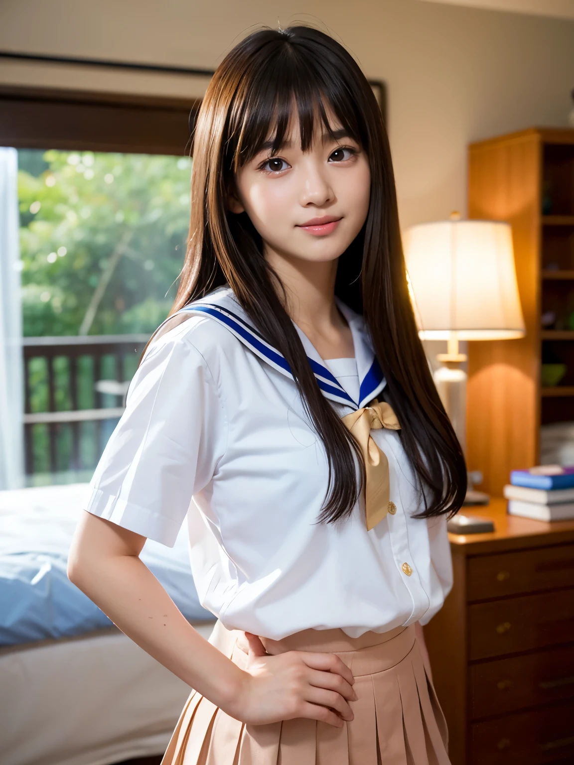 Japanese, high school girl, pure, idol, smiling, young face, long straight black hair, white hairband, white short-sleeved blouse, blue ribbon decoration on collar, plaid pleated skirt, black socks, dark brown loafers, sitting on a white bed, antique bedroom, window, seaside park, full moon night, starry night, nostalgic scenery, gravure photo shoot, resort island