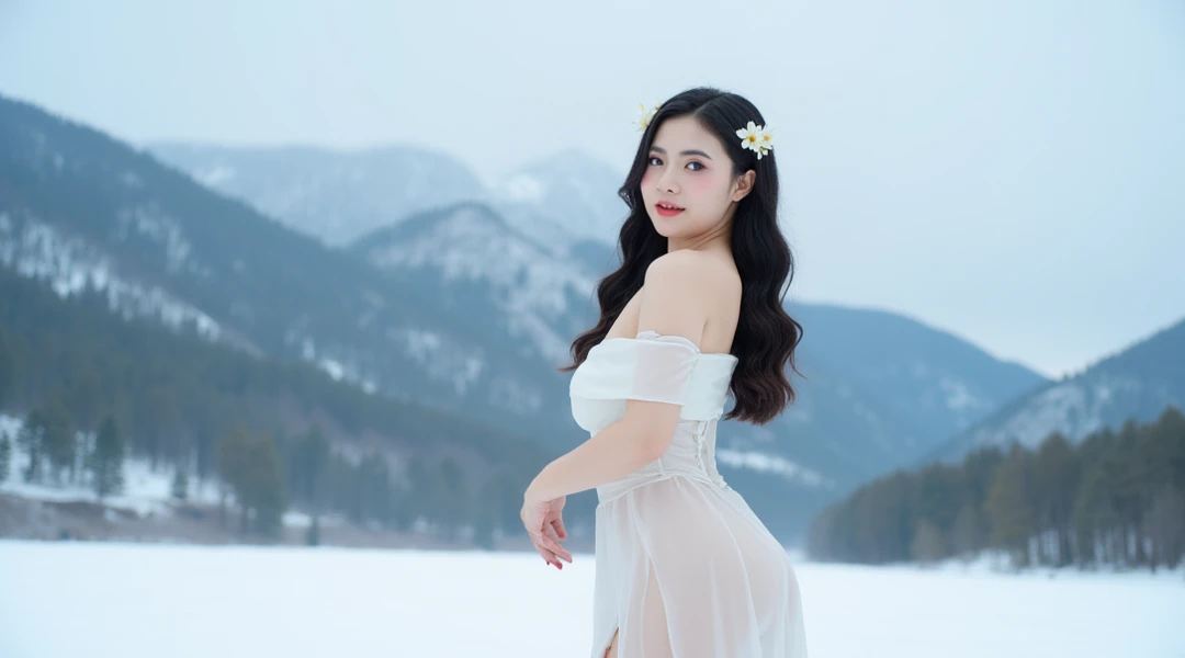(Photographed by my boyfriend)、((No clothes))、((full nude))、(Sensitive to cold)、I'm so embarrassed、order an embarrassing pose、((back view))、(highest quality、masterpiece)、NSFW、Stylish nudity、blush、Life、8k、ribbon hair ornament、looking at the viewer、wavy hair、laughter、open your mouth and smile、smile、Good atmosphere on site、with a 17 year old girl, snow scene, winter wonderland, cute and innocent look, rosy cheeks, sparkling eyes, woolen hat、Pose with movement、footsteps in the snow, falling snowflakes, frosty tree, snow ground, soft snow texture, gentle and delicate lighting, pastel color palette, dreamy atmosphere, quirky and magical, 高解像度のmasterpiece:1.2, Super detailed, realistic:1.37, bright colors, Bokeh、無邪気なsmile、hair blowing in the wind、close up of face、Smiling、