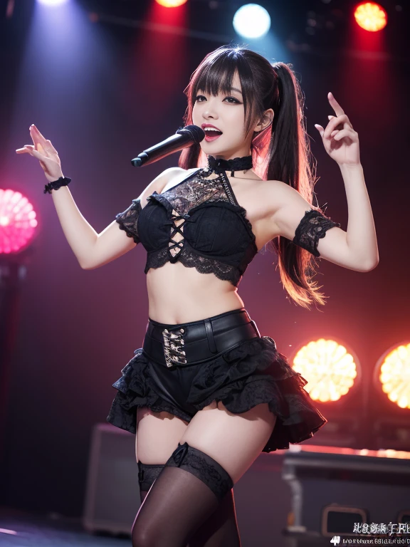 (((nsfw))),(Young beautiful woman,Smile)、(spread your legs,Black fishnet stockings long boots)、(Hairless leaks juices)、(Collar,necklace,Cat ears,Sing with a microphone)、No underwear,No bra,Very short white skirt(Shooting from the lower body)、blush, staring at the audience、Concert stage,(night,Illumination,Many people gathered around)