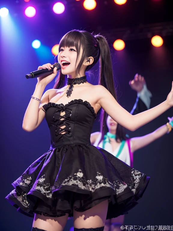 最high quality,Very detailed,finely,High resolution,8k wallpaper,Perfect dynamic composition,Young Japanese Woman,Age 25, Black Hair, thin, 4K, 8k, high quality, beauty, smile, Beautiful Eyes, Characterized by simplicity, High resolution,1 person,Japanese Idols,stage,microphone,Idol Costumes,Glittering costumes,Laser Light,Frill dress,Princess