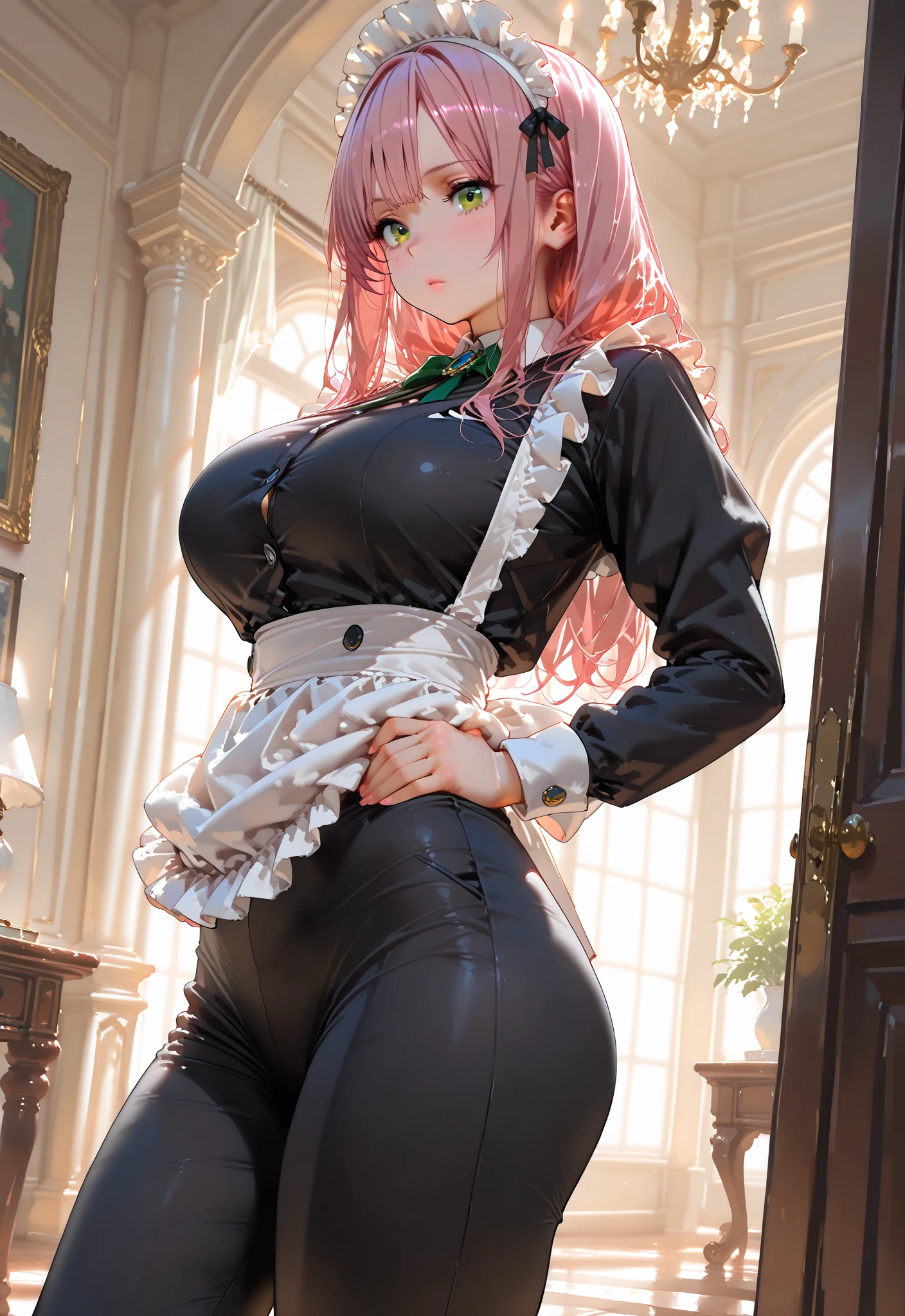 /draw ai_generated curvy_body curvy_female curvy_figure The average cup size female_only huge_breasts looking_at_viewer +maid solo_female solo_focus stable_diffusion waitress orange_hair green_eyes lifts the skirt showing black panties legs in pantyhose --auto --s2