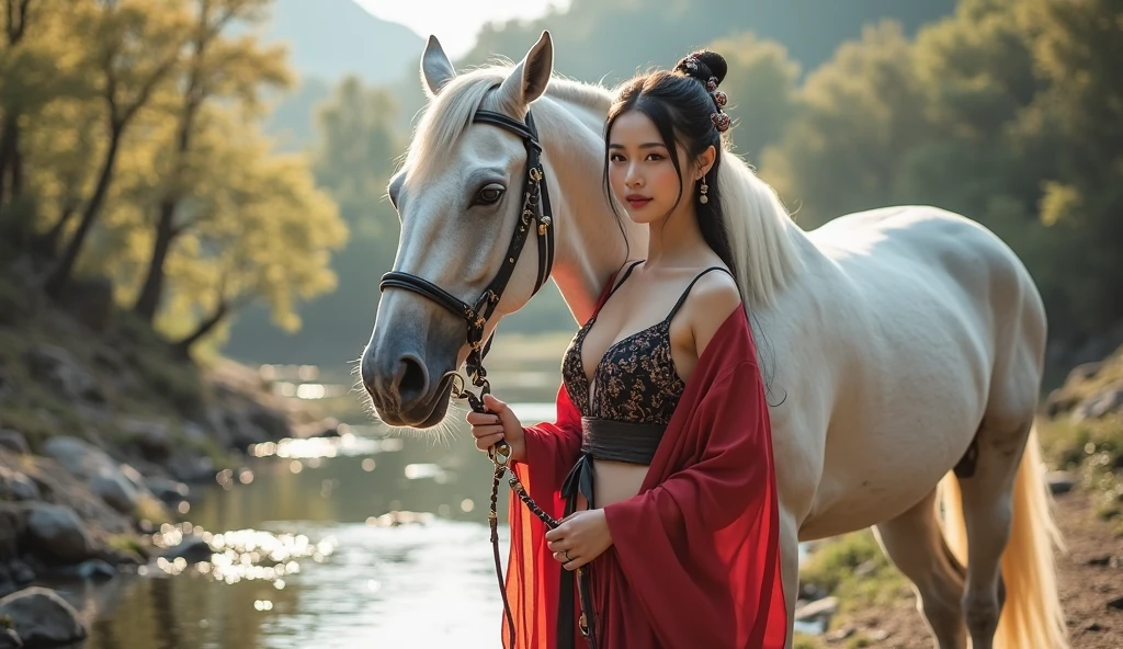 A beauty Arabian model woman on horse (horse:1.3), white panties, cowboy shot, 1girl, black hair, long hair, green eyes, big breast, big , solo, ahoge, midriff, boots, smile, navel, cleavage, 