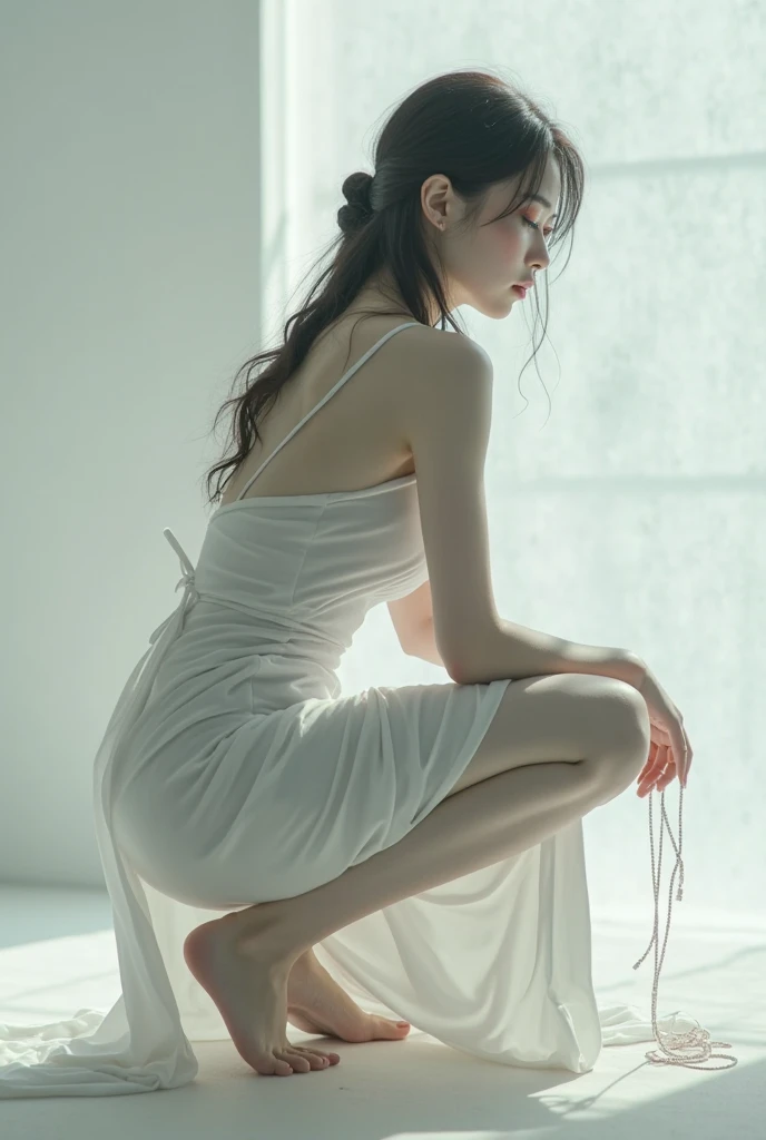 (tmasterpiece: 1.3), (8K, realisticlying, RAW photos, best qualtiy: 1.4), (High quality, Ultra-detailed, photo-realistic:1.37), 1 girl, , mixed race (Half Russian,Half of Korea) A High Bridge of nose, Beautiful detailed eyes, and delicate facial features. She has a bun hairstyle and a youthful appearance. She wears a white transparent tutu, Slim,Slim waist,legs long,sitting down on the floor,hugging his knees,The setting is located in a spacious ballet studio,Natural sunlight is illuminated through large windows. On one side of the room, There is a large mirror,Embodying the elegance of the dancer. The lighting is soft, Highlight the girl's body movements. vibrant with colors, Emphasize the elegance and beauty of ballet.