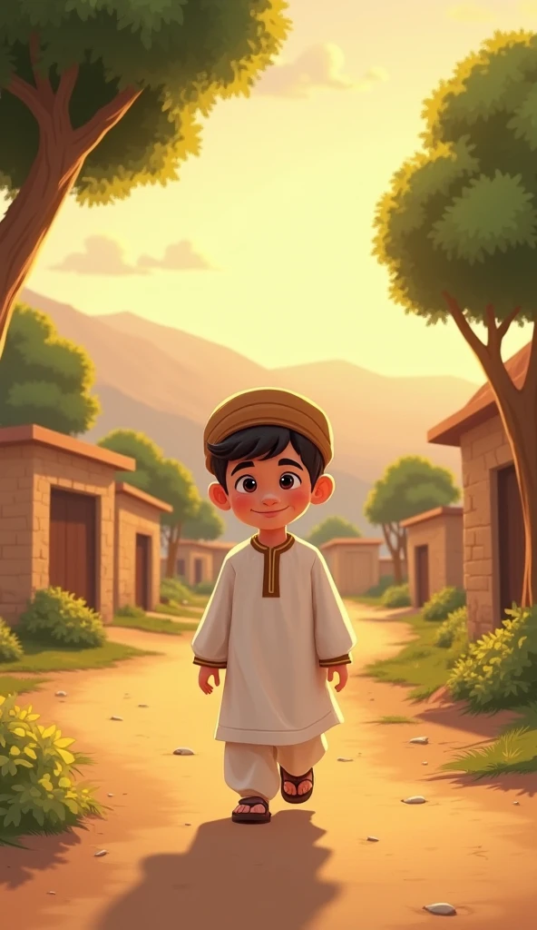 ??? Ali with a bright, kind face. He is shown sitting calmly, possibly in a peaceful setting like a simple home or a mosque, his posture reflecting obedience and serenity.