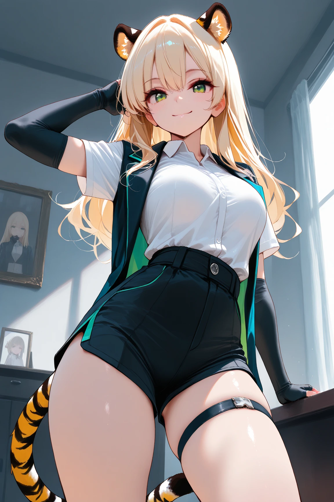 (best quality, masterpiece,cute, RAW photo,ultra-detailed:1.2), <lyco:GoodHands-beta2:1.0>,1girl,solo,looking at viewer, smile, (hair over right eye:1.2),
bags under eyes,Pikachu, school uniform, (Black jacket), tie, white shirt, red tie uder jacket, blonde hair,(Blackskirt),(yellow pantyhose stocking:1.5), <lora:Pikachu_v1-5:1>, high school,from above, chubby, <lora:hair_length_slider_v1:1>