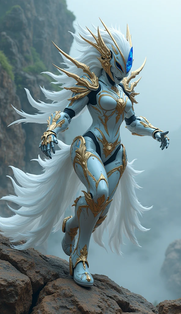 a woman in a futuristic outfit with a sword in her hand and a helmet on her head, in a futuristic setting, 1girl, armor, blue skin, colored skin, jewelry, solo, upper body, white hair