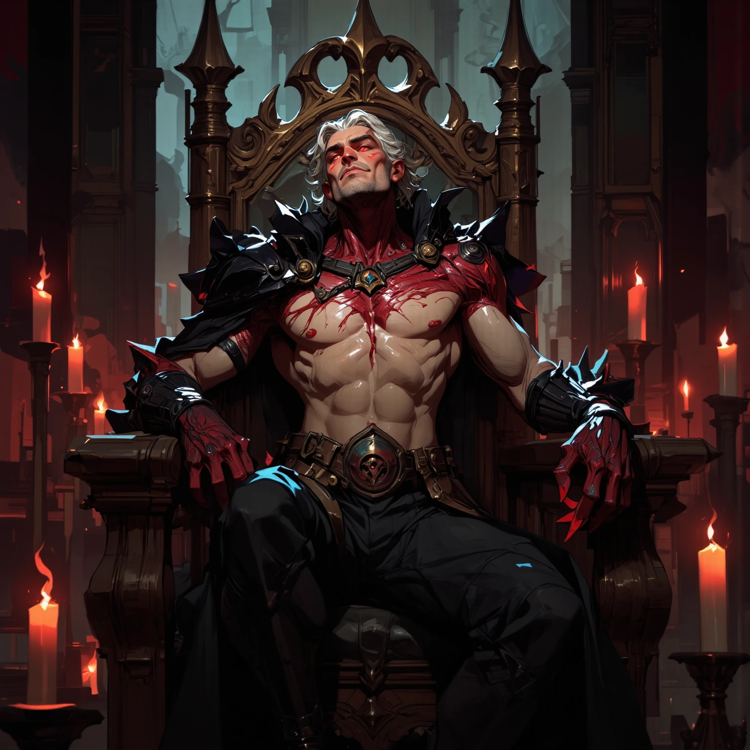(best quality, masterpiece, extremely detailed, high resolution, 4k, CG, UHD), (dark fantasy), ((1male)), full shot, lord of corruption, bald head:1.2, old men with whole body covered in corruption tattoo, male wearing only black leather pants, topless, sitting on throne with bored expression and casting spell with 1hand, ((half face covered by burn scars)), inside dark gothic castle, castle placed in hell, tael glowing cracks, teal energy magic swirling around, depth of field, volumetric lighting, dark scene, detailed face, detailed eyes, detailed skin,