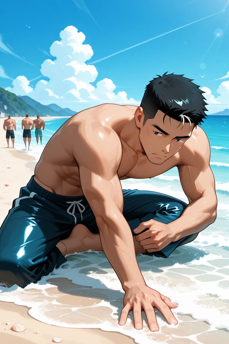 Masterpiece, Best quality, face, Natural eyes, 1人, Solo, big feet, Black socks, full bodyesbian, large bulge, Long legs, view the viewer, Brave players, musculous，Raised sexy， mature,tightsuit, short detailed hair, Red eyes, Topless, Shirtless, Open chest, Eight-pack abs, Sexy, standing, Sit in the field and rest,(masterpiece, best quality), 1man, musculous, short detailed hair, with brown eye, 复杂, (dress room), full bodyesbian, White baseball uniform, Open red jacket, vivd colour,(depth of fields:1.2),(abs),Be red in the face，looking at viewert，A piano，spread their legs，Anime characters in white wetsuits surf the ocean with surfboards，malefocus，Bulging crotch，crotch bulge，surfboard，swell sea，water bloom，Briefs，Muscle men，Apollo，Helios，Flame，sky ,，Thriller blockbusters，UHD resolution，Top quality，1 to 2，