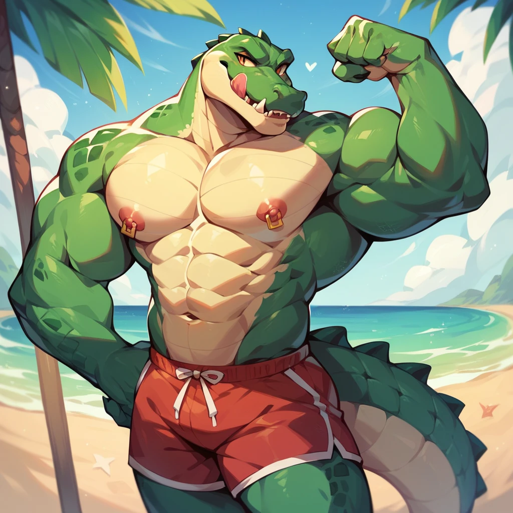 Green dragon, male, muscular body, sexy, high quality, shirtless. Nice, huge penis peeking from the waistline of his low-slung pants, beach background, by Chunie. NSFW. He gazes at the scene before him with a seductive grin, his skull head adorned with intricate bone patterns shining in the sun. His piercing green eyes reflect the ocean waves, adding to the alluring atmosphere as the sun sets behind him, casting a warm glow on his muscular form. The detailed shading and dynamic lighting create an epic, sensual scene, heightening the sex appeal of this enchanted, male dragon.