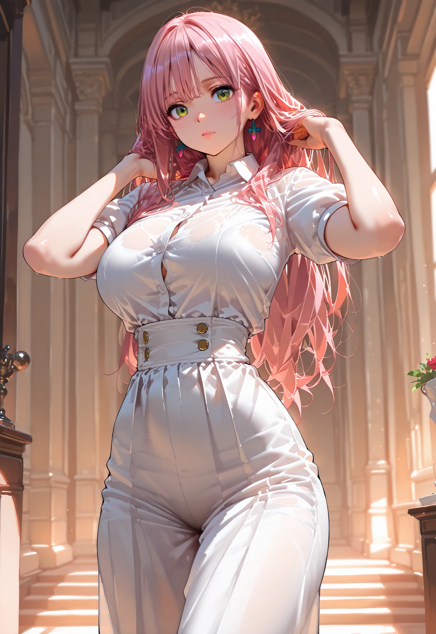 masterpiece, highly detailed, (1girl), white-pink hair, pastel colors, cozy atmosphere, natural lighting, black waist high leggings, oversized T-shirt, 16 year old teenager, soft facial features, short height(150cm), hip-level shot, long slender legs, big , slender yet curvy body
