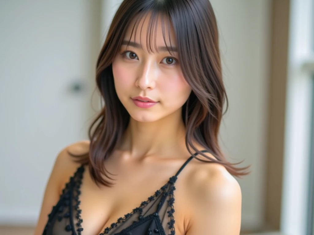 (Realistic, photo-Realistic:1.4), (masterpiece, Highest quality:1.2), RAW Photos, High resolution, Intricate details, Very detailed, Realistic and sharp details, Cinema Lighting, Portraiture, (Bust Shot, Front view), alone, One girl, Japanese woman, Black Hair,Medium Hair,Parted bangs,Detailed face,Fine grain,Refined nose,Pale skin, clavicle, (Huge breasts, Cleavage:1.3), (Chubby:1.6), (Tiny Lingerie,Lace bra, No sleeve:1.5), Earrings, jewelry,Photo Background, indoor,