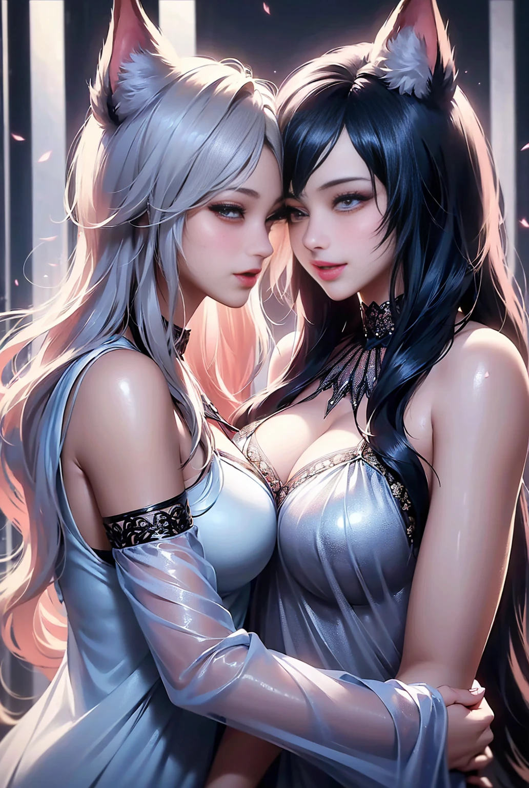 Depth of bounds written, detailed eye, ((CG illustration)), ((face focus)), ((masterpiece)), ((8K)), ((super detailed)), ((Super high quality)), ((cinematic)), ((Photoreal)), ((close up shot)), (solo), (cool girl), very long hair, straight hair, (((thin body))), Glossy skin, ((look away)), (Beautiful goth girl with high cheeks and legs), Gothic makeup, clear eyes, lipstick, dark eye shadow, ((No bra)), choker, earrings, provoke, night, ((full moon)), ((Functional)), Lonely, Visual kei, ((pastel colour)), Unwound clothes, forget, kiss, White Knight, dark, silence