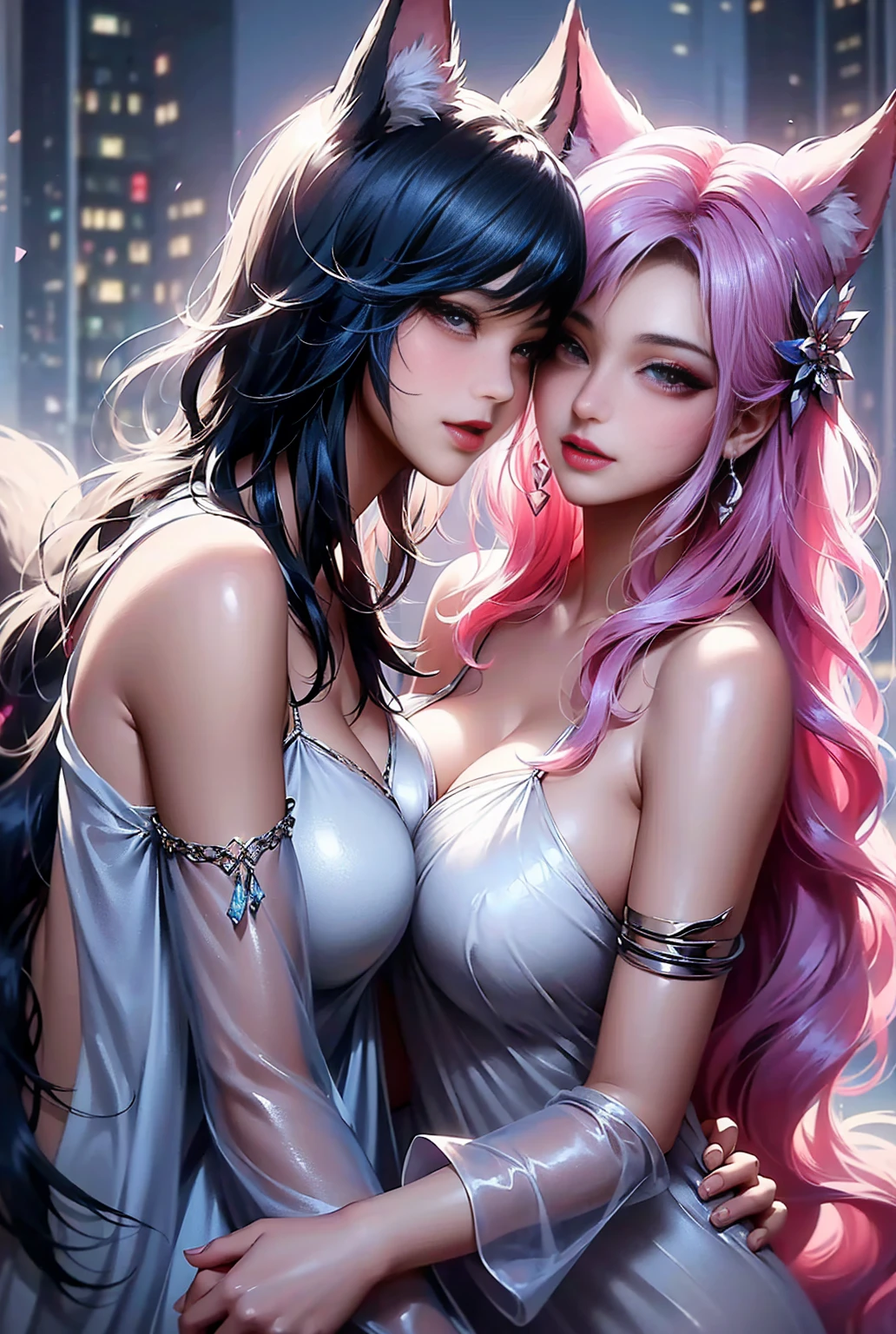 <lora:more_details:0.9>, ((Best quality)), ((masterpiece)), (detailed), Surrealistic depiction of a woman with rainbow-colored swirling hair, cat eyes, and cat ears. Her left side exhibits a cool-toned color scheme, while her right side features warm tones, creating a striking duality. Enigmatic presence, captivating aura. Whimsical, dreamlike atmosphere. Camera angle: Full-body shot, capturing the enchanting fusion of the woman's contrasting color schemes, swirling rainbow hair, and feline features, evoking a sense of harmony in diversity and visual intrigue. <lora:duality_yin_yang:0.85>, duality_yin_yang <lora:StarDust:0.6>, stardust
