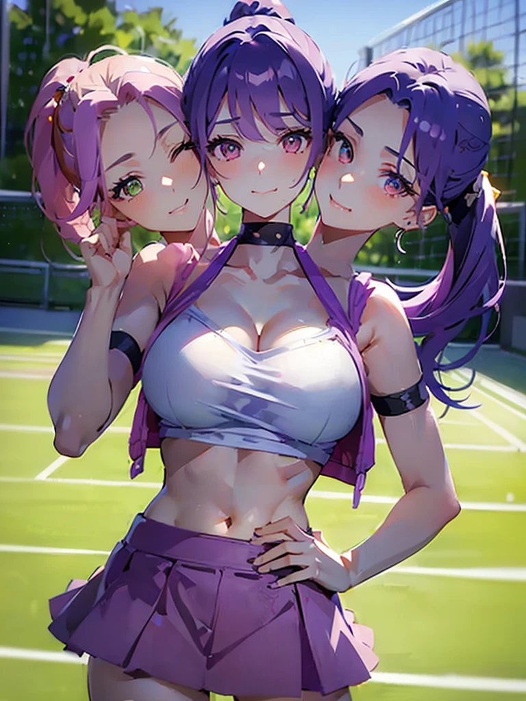 (masterpiece, best quality), best resolution, (2heads:1.5), 1girl, purple hair, ponytail, different-coloured hair, perfect anatomy, heads positioned close together equally on chest, untied hair, green eyes, orange eyes, right head's mouth closed, left head's mouth open, casual, talking to viewer, happy, blue jacket, pink skirt,, one hand on hip, outdoor tennis court