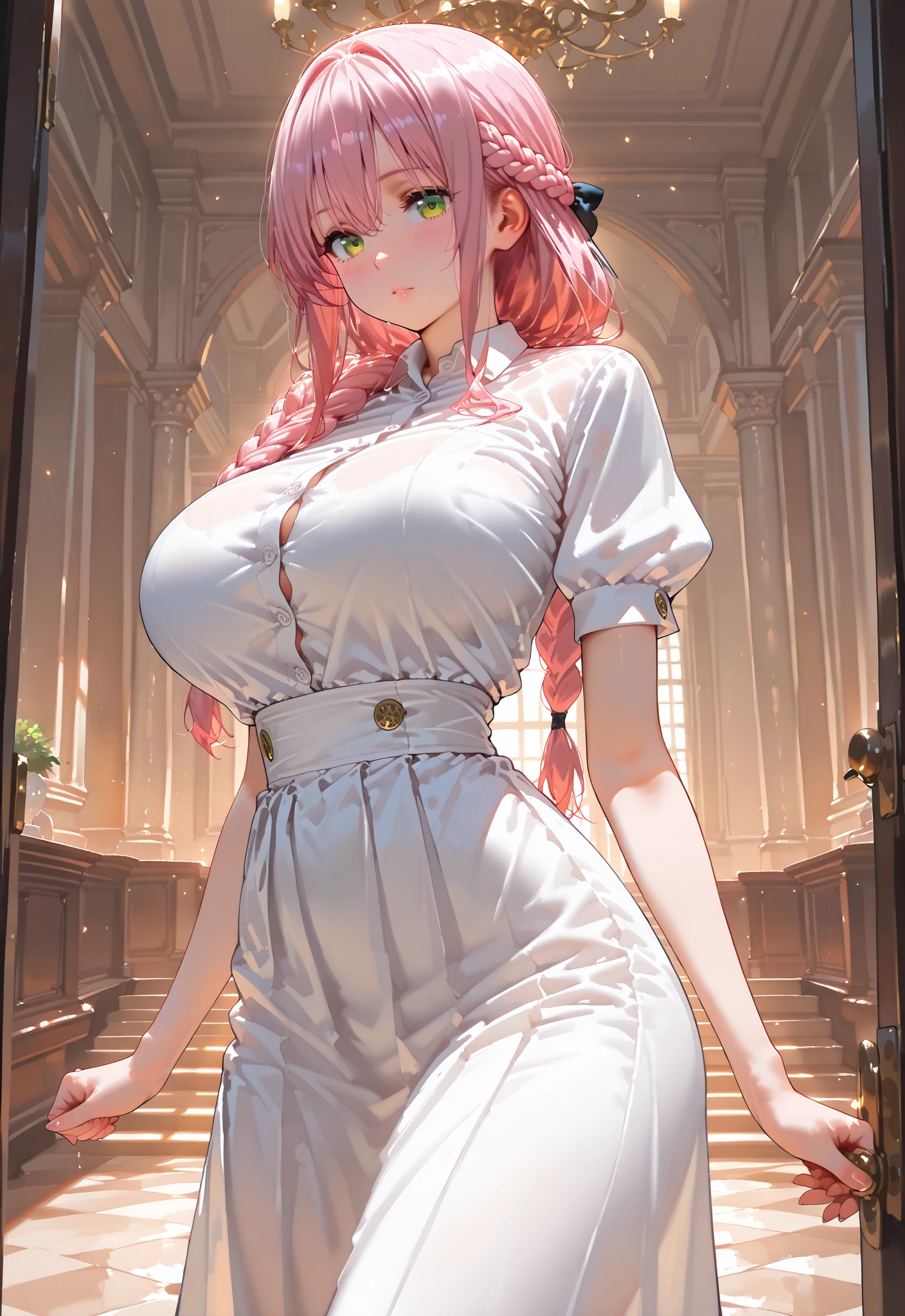 8K、quality、On a table、super high image quality、ultra - detailed、super beautiful、Ultra-realistic hair textures、anime illustration、Surreal sensibility、Whole body ESBIAN、mesmerizing looks、shave 、Off-the-shoulder blue yukata、Beutiful women、orange long hair、pony tails、eBlue eyes、Glowing and radiant skin、Very huge、Red lace breasts are super big、Glowing and radiant skin 、Clean skin、Japanese style room with daytime background,Big breasted 1.5,