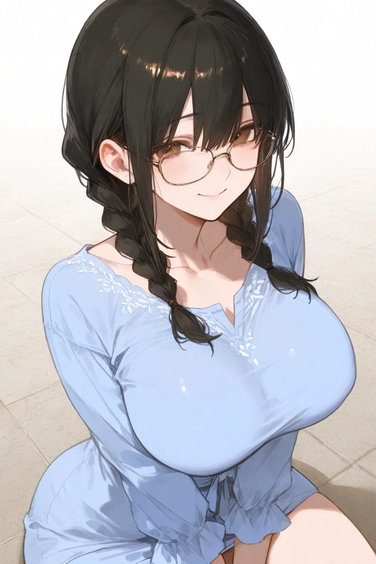 (best quality, masterpiece, RAW photo,ultra-detailed:1.2), 1girl,solo,looking at viewer,smile hanekawa tsubasa, long hair, black hair, hair ornament, (purple eyes:1.1), braid, hairclip, twin braids, glasses, very large breasts, big tits