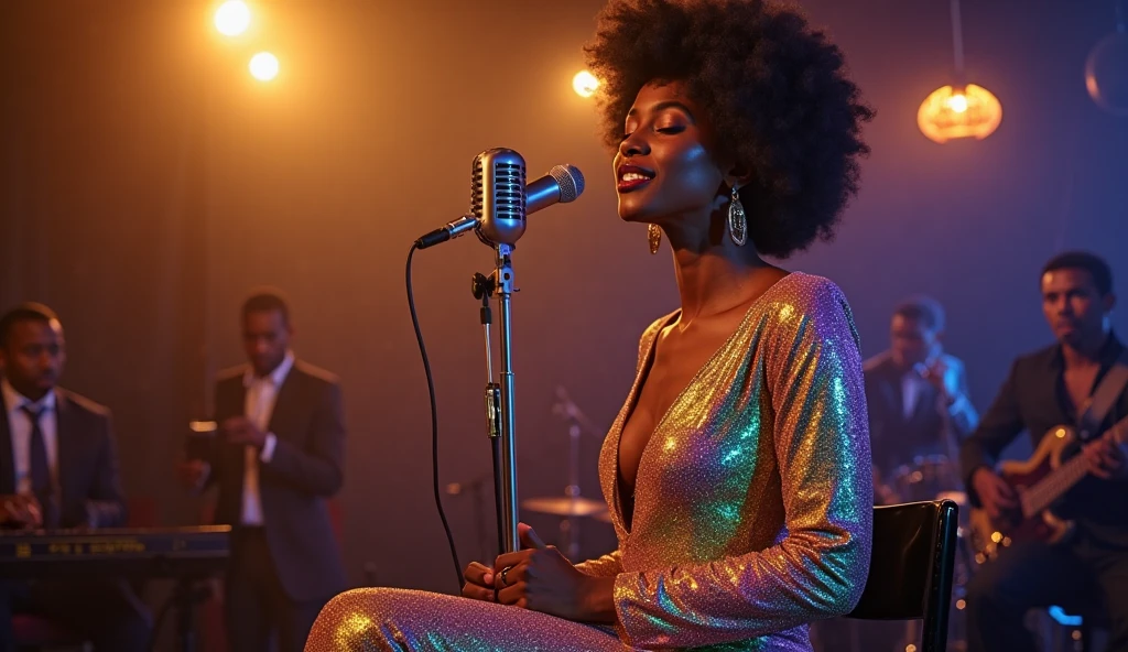 A foreign black female soul singer singing in a flashy costume