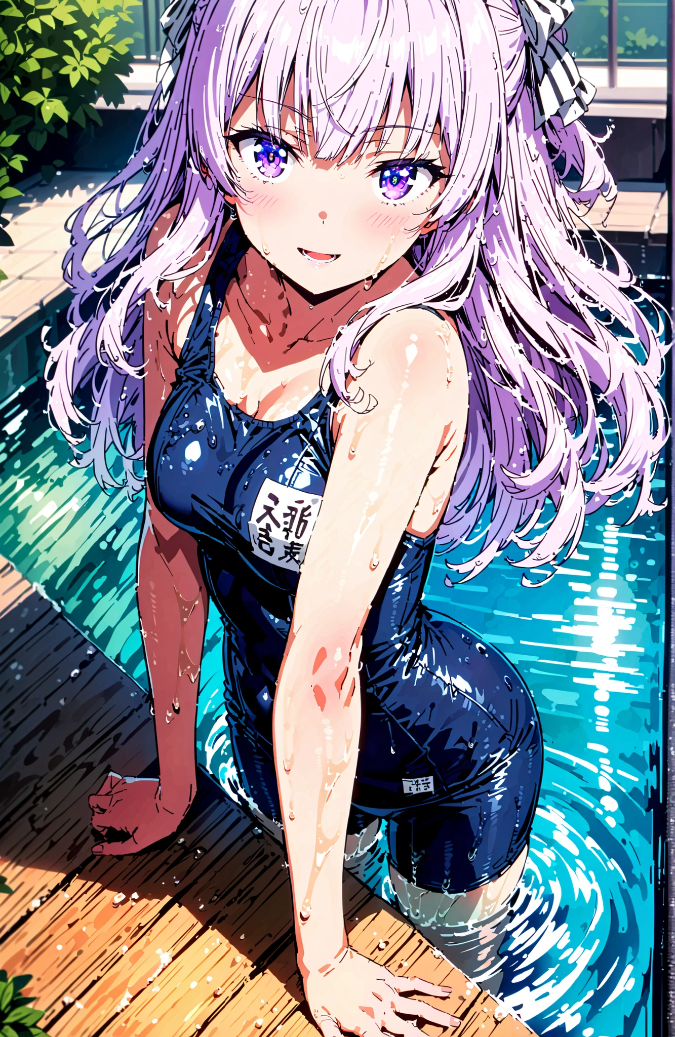 Sakayanagi Alice, long hair, solo,bungs, PURPLE EYES, white hair, blunt bungs,
old school swimsuit, school swimsuit, blue one-piece swimsuit, one-piece swimsuit, name tag, swimsuit, Belly button cover, wet swimsuit, clavicle, scatters,Submersion,smile,blush,Glowing Skin,and open the mouth,noon,schools,standing,in their 40s outdoors, pool,
in their 40s looking at viewer,full body,
in their 40s (masterpiece:1.2), best quality, high resolution, Unity 8k 壁紙, (illustrations:0.8), (beautiful detailed eyes:1.6), Highly detailed faces, perfect lighting on the table, extremely detailed CG, (perfect hand, perfect anatomy),