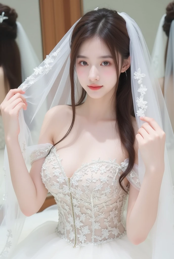 1girl、age19、Pure white wedding dresses、Tiara hair ornament、Burj Khalifa、Dubai as a background、natta、A city scape、city light、The upper part of the body、a closeup、8k、RAW Photography、top-quality、masterpiece、realisitic、Photorealsitic、Cleopatra、Holding a bouquet of pink roses in his hand