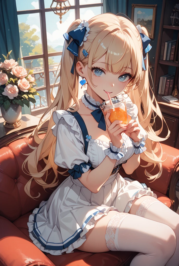 ((best quality)), ((masterpiece)), (detailed), perfect face a girl with blonde hair, blue eyes, smiling in a blue dress detailed with glitter, with a blue bow on her head, holding a cup of tea