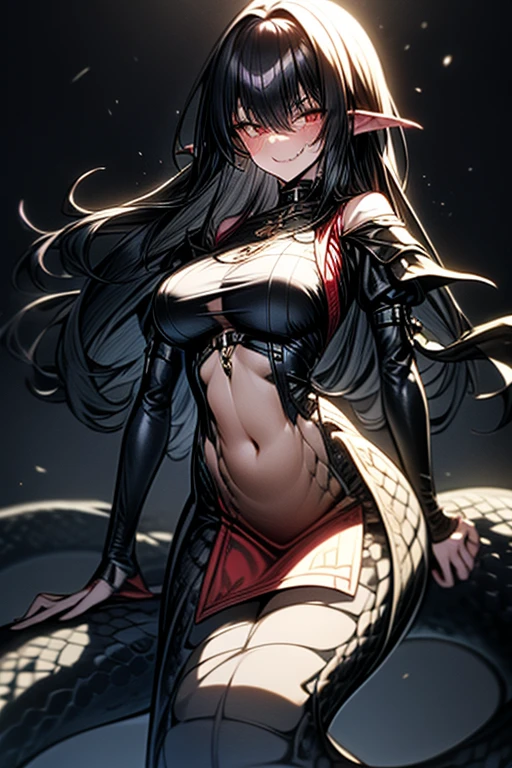 a female character, very beautiful, with a slender body, wearing a GALABIA belly dancing dress, dark skin, dark and long curly hair with red highlights, her face with very heavy makeup, her face of an innocent person, with a look penetrating and enigmatic, his eyes are a deep turquoise green color, his appearance is that of a succubus, horns and wings of a succubi, a succubi with a more demonic appearance.