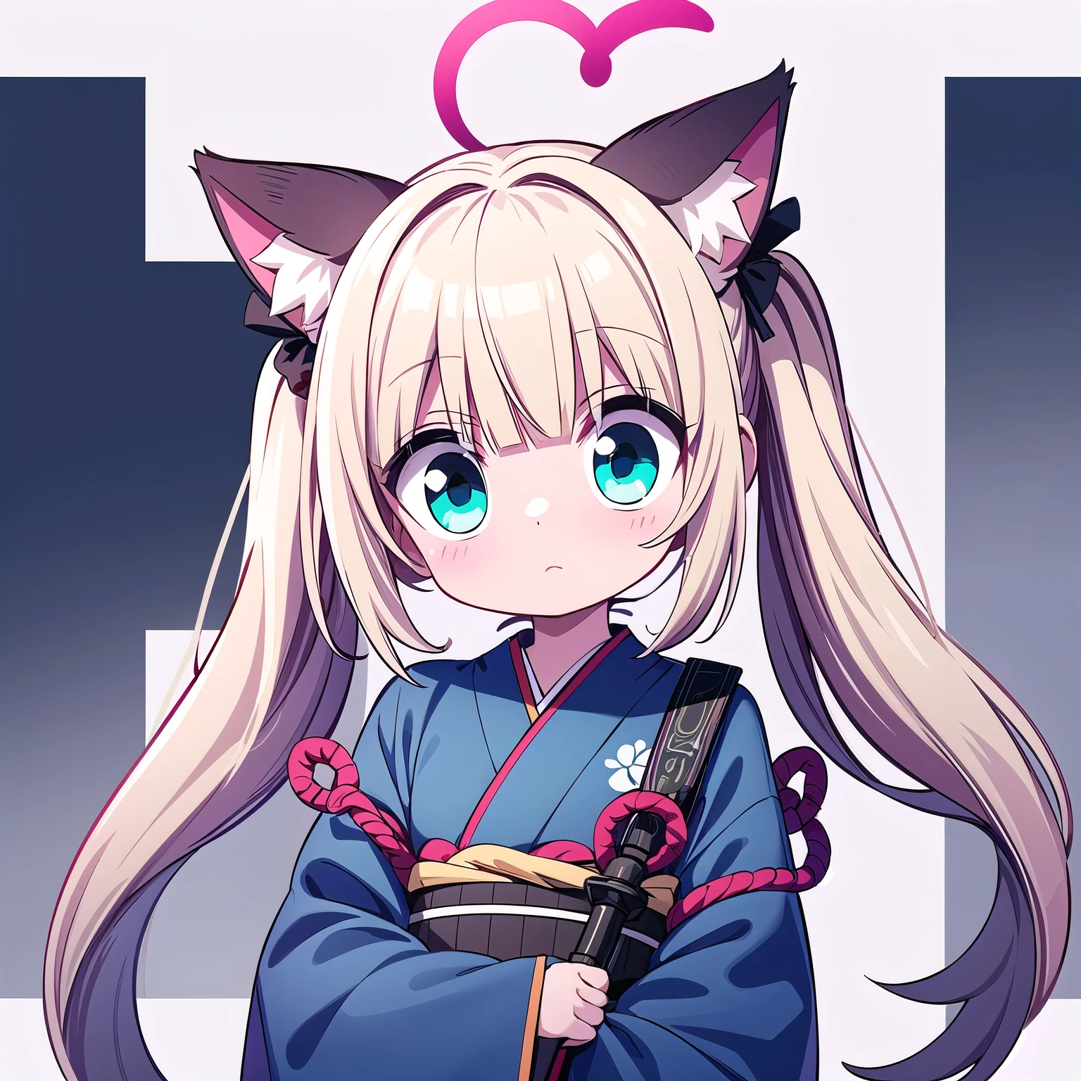 A cute pop‑anime chibi cat‑girl on a pure white background. – Hair: blunt bob with twin tails, platinum‑blonde roots fading to pastel‑purple tips, glossy highlights – Eyes: huge round aqua‑blue eyes with strong white catchlights – Cat ears & tail: soft pink, matching fluffy tail – Outfit: deep‑navy mini yukata with wide sleeves, indigo gradients, multiple orange cord bows, black obi belt with metal accents – Pose: standing front view, gently raising right hand, innocent expression – Rendering: bold black line art, flat cel shading, shiny highlights, 4K, ultra‑clean, no background, Light gray skin