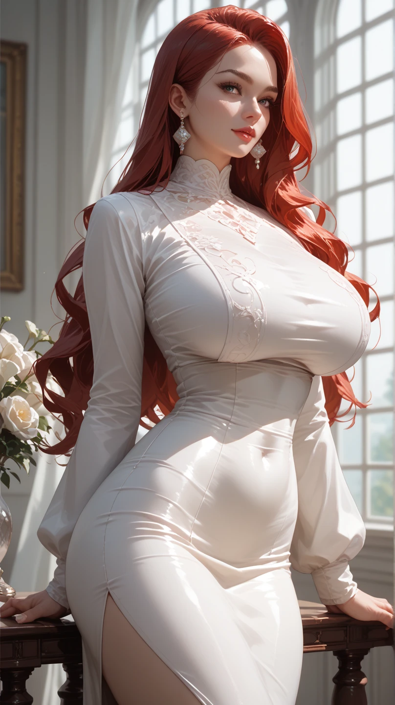 woman((30year old)), hair((orange, long, wavy)), eyes((blue eyes, small eyes)), ((long sleeves, vintage dress, long dress, white dress)), accessories ((necklace)), big boobs, gigantic breast, Korean make-up look, curvy body, castle,
