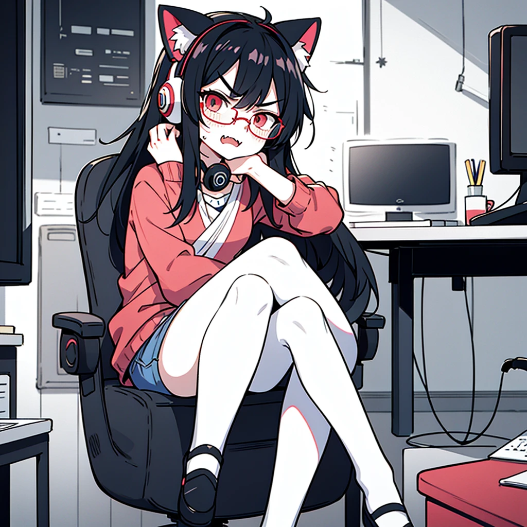 Solo, score_9,score_8_up,score_7_up, a young nerdy Anthro furry wolf woman, white furry body, tall, long black messy hair, hair covering one eye, long bangs, long black hair, blue eyes, black glasses, small breasts, white wolf tail, topless, wearing oversized red t shirt, exposed shoulder, black boy shorts, bored expression, eyes half open, barefoot, 4 toes, lounging on a couch, holding a box of pocky, a pocky stick in her mouth