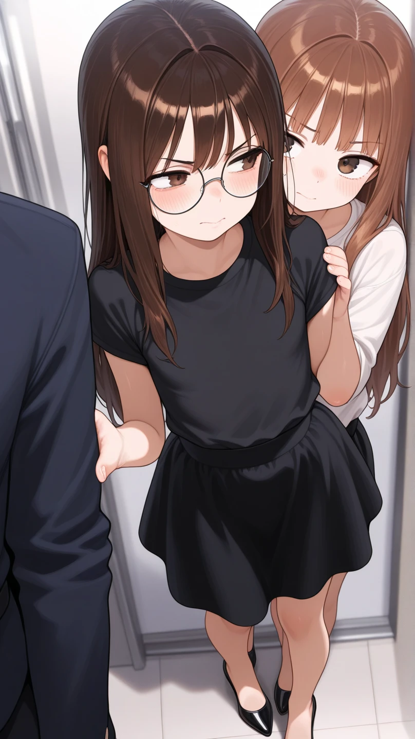 1 girl, medium construction, ((round glasses)), long brown hair, blunt bangs, Brown eyes, (((perverted smile: 1.2))), sexy look, modern, (((contemporary))), Room background, panties, (((very embarrassed)))