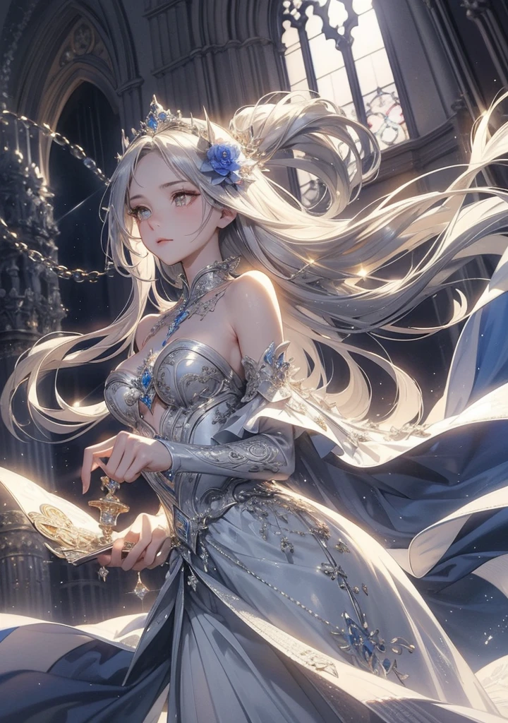 silver hair, dog ears, white dress,wavy hair,delicate features quiet gaze,beautiful half body illustration,beautiful backgraund,atmospheric lighting,sharp focus,vlumetric lighting,cute face,reduce saturation,fine detailed face,small nose and mouth,volumetric top lighting,bold line painting, soft shadow,((masterpiece, best quality)), (1girl), (solo), (female focus),small breasts,flat tits,Lolita,short height,skinny girl,blue eyes,open legs,animal ears,
