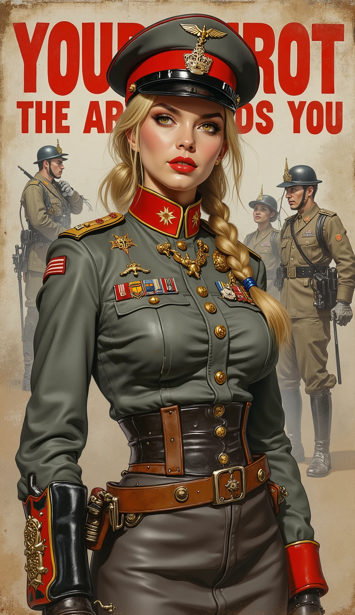 Detailed proportions and textures and multi-color with airbrushed brush strokes that presents a semi-realistic illustration in Chinese A beautiful and strong young woman in a steampunk and epic fantasy style military uniform where black-gray tones predominate, mixed with bright colors (full body, with a confident and daring stance, playful look, bright yellow-gold eyes, defined eyebrows, long eyelashes, perfect face, full lips, round and huge breasts, flat stomach, wide hips, thin waist, thick thighs), Her long, straight blonde hair is tied into a (long) braid that falls down her back. Her uniform consists of a red, grey and white shirt beautifully decorated with military orders, decorations and medals, a tight, high-waisted, knee-length pencil skirt and an officer's beret decorated with a military police badge. In the background there is a recruitment poster for the army, with large letters (in red) "YOUR PATRIOT THE ARMY NEEDS YOU" and with the image of two soldiers, a woman and a man, all in the style of First World War. The composition, halfway between vintage and Cybermpunk, of the overall image is a clean, sharp and high-quality masterpiece. very balanced saturation in the color palettes very defined (Color with monochorome intense shaded tones and shine, tone red 25% + yellow 25% + blue 25% + biofluorescent 12.5%+ transparencias 12.5%. Aesthetic fusion by (Fibonacci ratio. A poupée realiste of a young military girl. of a young military girl (Including a variety of pink skin and dark-beige tones that give it contrast and shine) character type. Fluid texture that gives the sensation of movement to the Thin, fine of leaves that moulds to the figure (her clothes with relief and folds give volume and depth to the character) style. Haute couture photoshoot (in high quality of full body). Sharp Highly Detailed Soft Focus, Approaching Perfection, Full HD 8K. High and Low Angles. of Coco Chanel, Gianni Versace, Alberto Vargas, Greg Rutkowsk art style fusion.