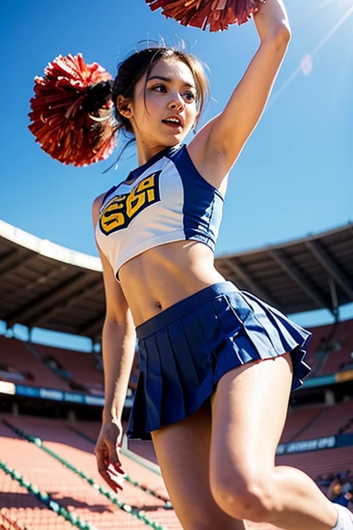 ((Best Quality, 8k, photo realistic:1.4, Masterpiece)), back Lighting, highly detailed facial textures women, 18yo, (((bule Cheerleader:1.2))), ((Stadium Background: 1.2)), arm up, ultra-detailed skin, beautiful make up, detailed eyes, smile, open mouth, shiny brown messy short hairstyles, squat pose, pov