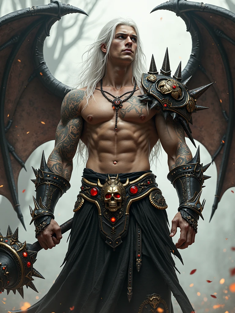 Close-up of a male demon with a chain around his neck., Подтянутый male demon с белыми рогами, Demon Lord, male demon, man man demon, human man demon, gothic fantasy art, Lucifer, djinn man man demon, dark fantasy character design, epic fantasy character art, dark fantasy art, male vampire of clan banu haqim, demon hero
