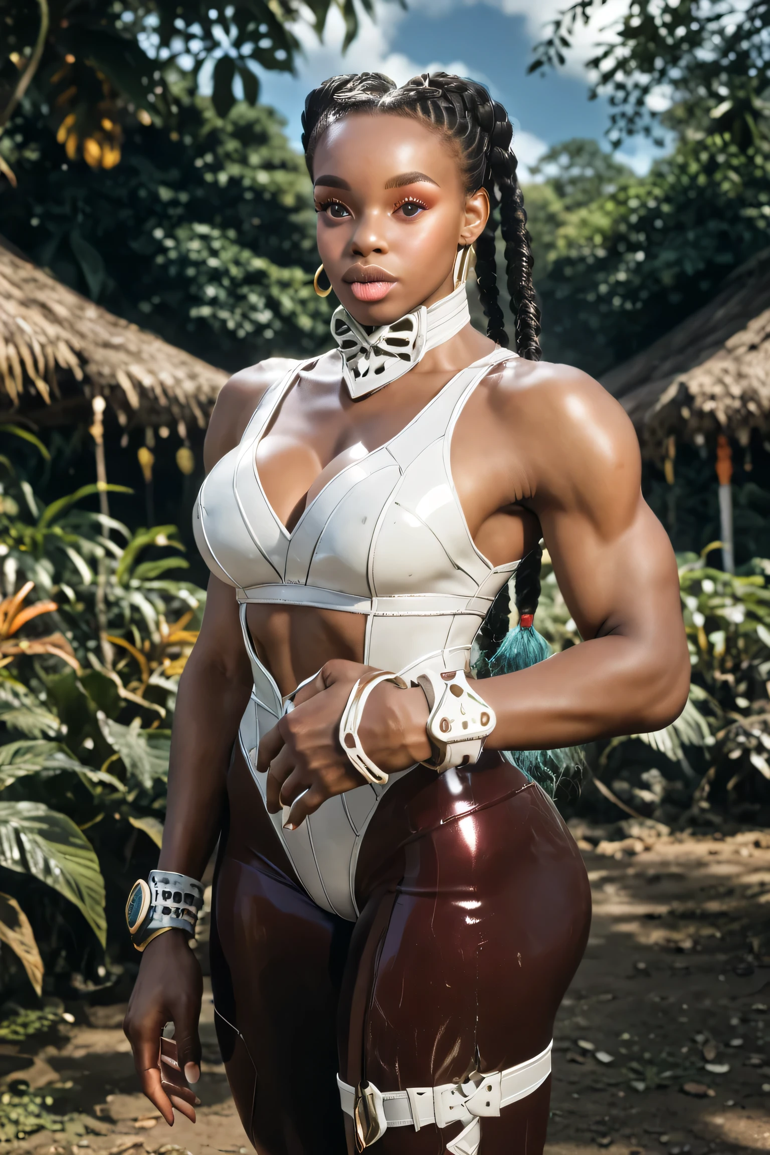 Kimberly Jackson from Street fighter 6, African, African girl, curvy hips, under clothes, brown hair, long hair, sexy body, huge ass, Body, girl, full view, Black african african girl, Long braided hair, african girl, young girl, toned girl, Africa background, jungle background, Big breast, Bimbo body, tribal jewelry, kimberly jackson aperance, bodysuit woman , Kimberly Jackson from Street fighter 6, valby clothes, latex clothes, Kimberly Jackson in cosplay, latex bodysuit, white bodysuit