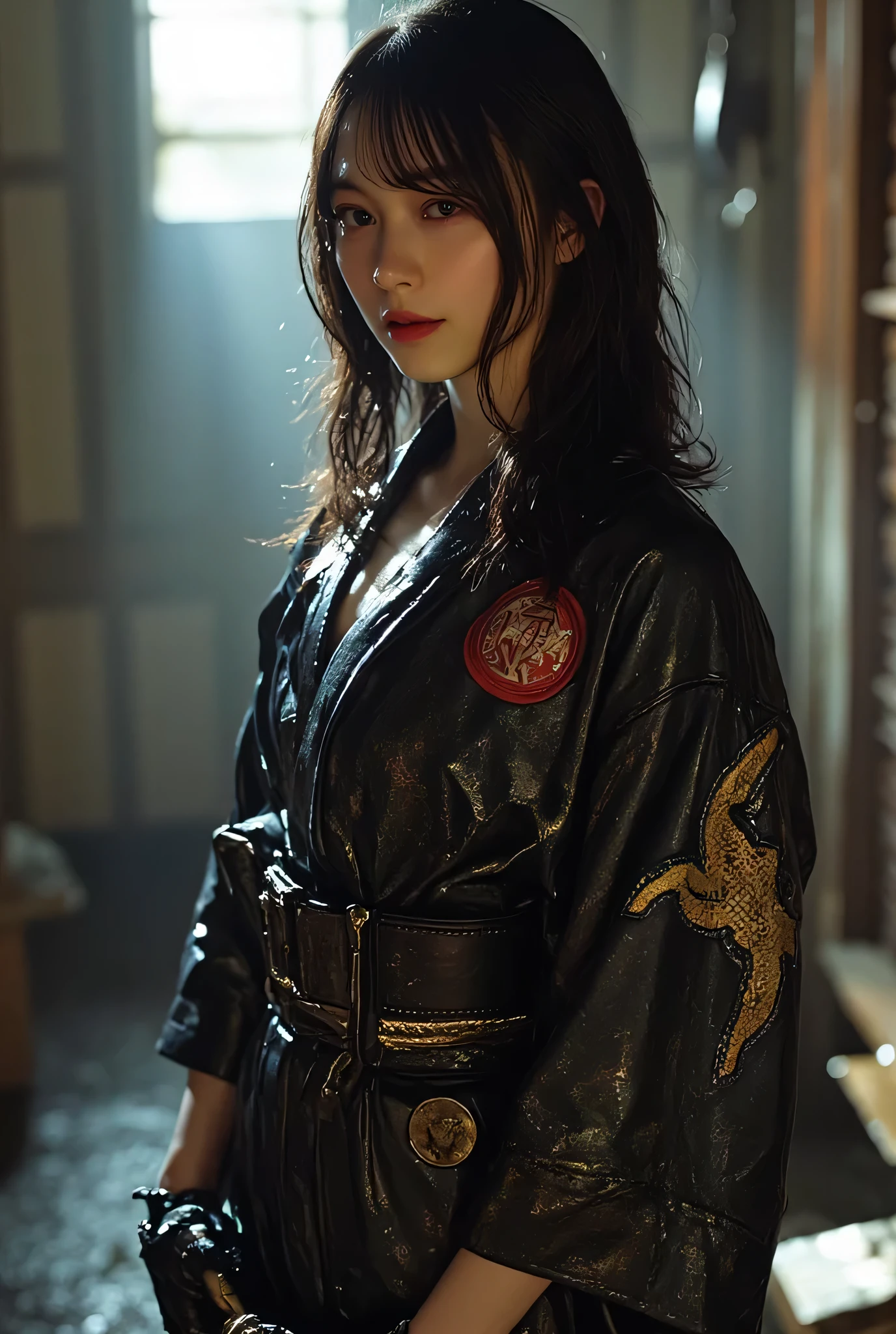 (((The dark interior of the Nostromo ship :2.0))),(((HR Gigger style cyberpunk atmosphere:2.0))),(((holds a cyberpunk-style Japanese sword:2.0))),standing,((full body:2.0)),one woman,(cute face),(Beautiful well-balanced face ),((long hair with bangs:2.0)),(black hair:1.5),(beautiful eyes on my stomach:1.3),Glamorous Shot of a 20-year-old Japanese Woman,Beautiful slender body,((model body type:2.0)),((slim body:1.7)),perfect body line,ideal proportions,((bigger breasts with more definition:2.0)),((スリーサイズ90-58-86:2.0)),((G cup breasts:2.0)),( popup:2.0),Bare thighs,Sensual Thighs,delicate body,(muscular:1.7),natural posture,((Realistic breast depiction :1.7)),carefully depicts limbs based on perfect anatomy,((futuristic samurai style black super high-leg leotard:1.5)),((with handcuffs on the back:1.5)),((military coat style black kimono with an open front over a leotard:2.0)),((Food:2.0)),((Tactical Holster:2.0)),((gloves:1.3)),((rough mesh black fishnet tights)),concept art,(best quality:1.5),(masterpiece:1.5),(超高resolution),resolution,UHD,(delicate depiction),carefully drawn,32k,((Realistic Skin Texture:1.5)),(((Ultra Realistic:1.5))),carefully draw eyelashes,Highly detailed faces,Highly detailed female hand, Sexy appearance ,Extremely Sensual,(Blurry Dim Backgrounds :1.5),Professional Photography,(movie lights:2.0),((Blade Runner style lighting:2.0))
