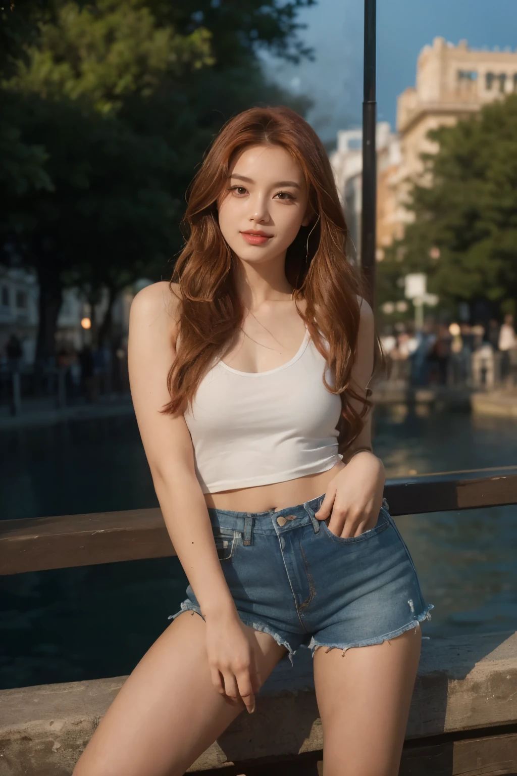 ( a age girl ), ( Sweet Smile), (Beautiful smile), (Korean Girl), (, not looking at the camera), (be distracted), ((( regular size chest )), (eyes beautiful and detailed), (lips beautiful and detailed), (very detailed eyes and face), (Realistic face), (realistic light and shadow), (long hair), (red hair), (farrah hair), (white deep-neck tank top), (mini blue denim shorts), ( Picture ), (, 18 years old), (sensual gestures), (Tail Grip, 4k, 8k, very high resolution, masterpiece: 1.2), (high resolution), (HDR), (UHD), (Tail Grip,4K,8k,very high resolution,Masterpiece:1.2), Ultra Fine, HDR, UHD,Studio, (before sunset) natural lightอ่อนโยน, Evening moments before sunset, backlit, evening time, low light (natural light), (There is fog and steam), (nature light) ,