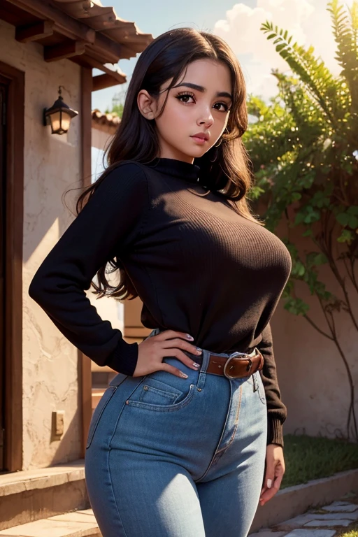 Beautiful girl , gorgeous face , slim fit body , crop top , mini skirt , belly piercing, short black hair , big breasts