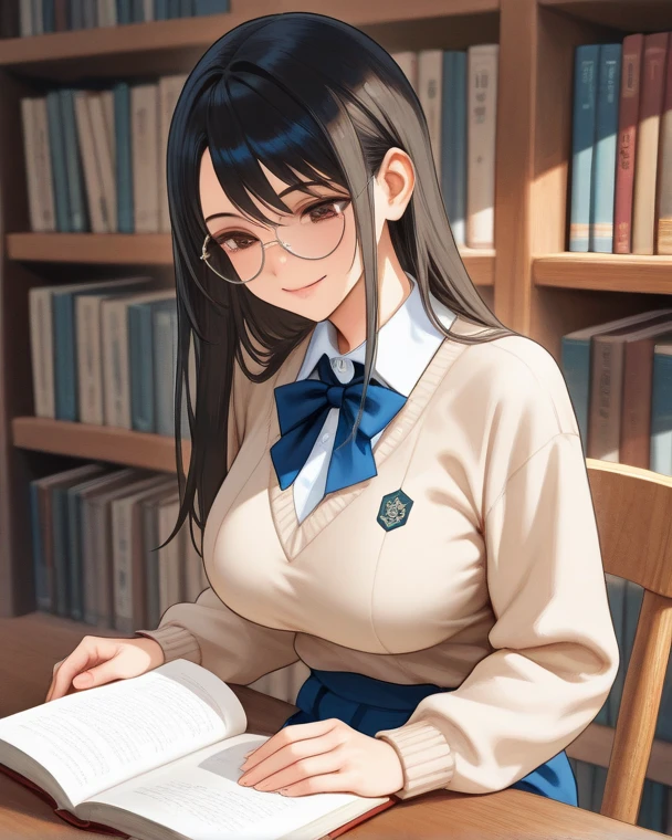 Your influencer character(sexy milf boobs) with long, dark hair dancing on a University Classroom, study table is full of books and notes . She is dressed in a University themed dress with glasses and has a joyful expression on her face. colourful and bright colouring.