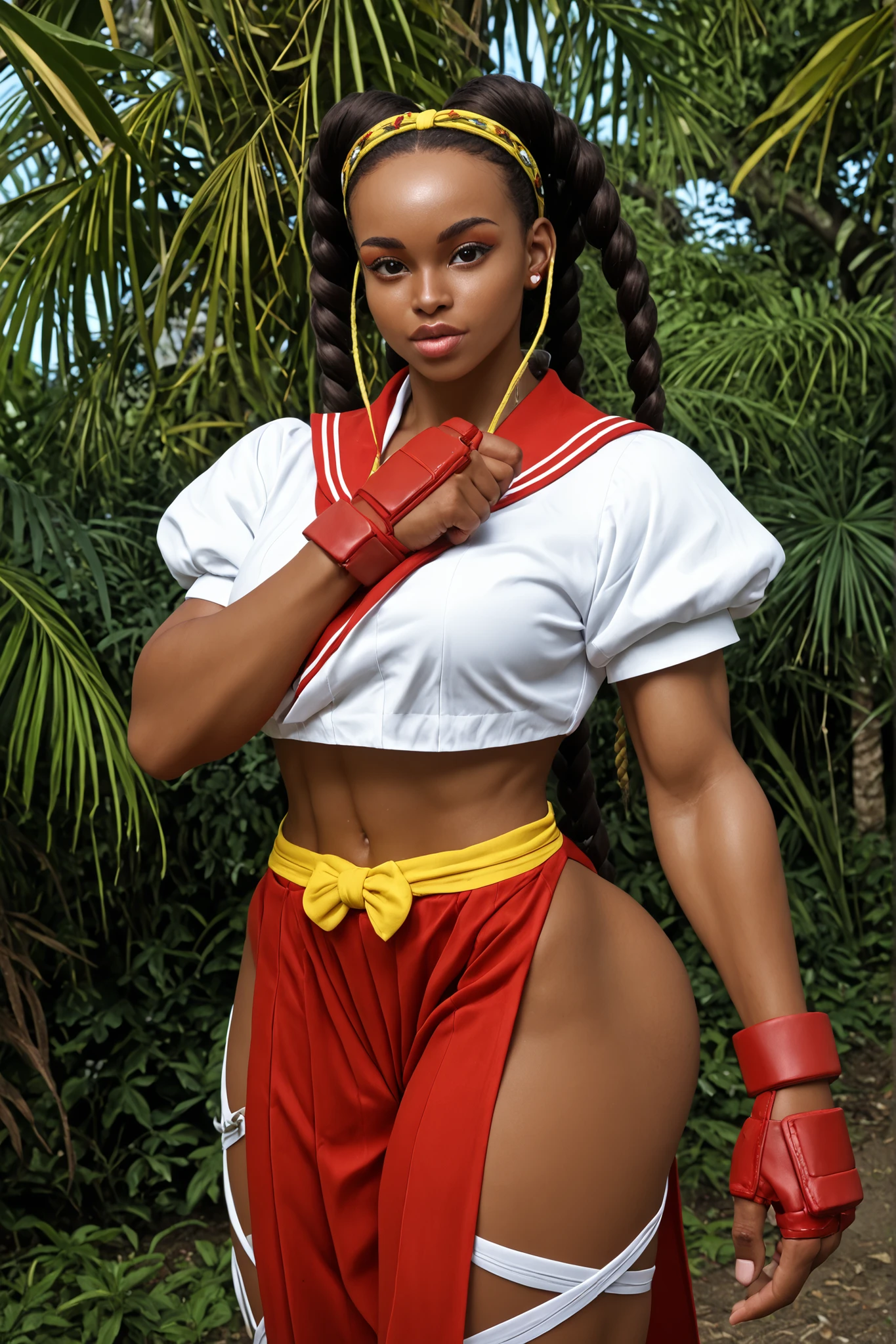 Kimberly Jackson from Street fighter 6, African, African girl, curvy hips, under clothes, brown hair, long hair, sexy body, huge ass, Body, girl, Black african, african girl, Long braided hair, african girl, young girl, African girl, Africa background, jungle background, Big breast, Bimbo body, kimberly jackson aperance, young woman, , Kimberly Jackson from Street fighter 6 in Sakura kasugano clothes, Sakura kasugano cosplay clothes, Kimberly Jackson in cosplay, school uniform, FULL view, huge breast, huge , huge cleavage