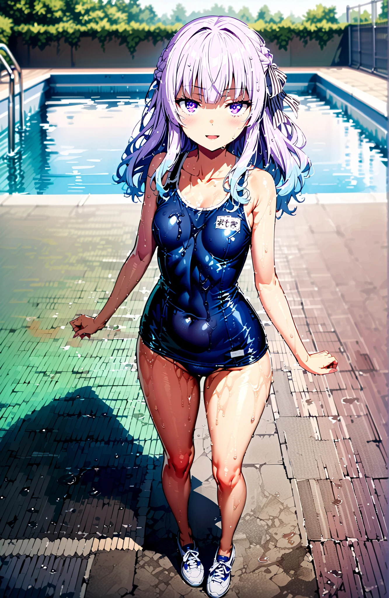 Sakayanagi Alice, long hair, solo,bungs, PURPLE EYES, white hair, blunt bungs,
old school swimsuit, school swimsuit, blue one-piece swimsuit, one-piece swimsuit, name tag, swimsuit, Belly button cover, wet swimsuit, clavicle, scatters,Submersion,smile,blush,Glowing Skin,and open the mouth,noon,schools,standing,in their 40s outdoors, pool,
in their 40s looking at viewer,full body,
in their 40s (masterpiece:1.2), best quality, high resolution, Unity 8k 壁紙, (illustrations:0.8), (beautiful detailed eyes:1.6), Highly detailed faces, perfect lighting on the table, extremely detailed CG, (perfect hand, perfect anatomy),