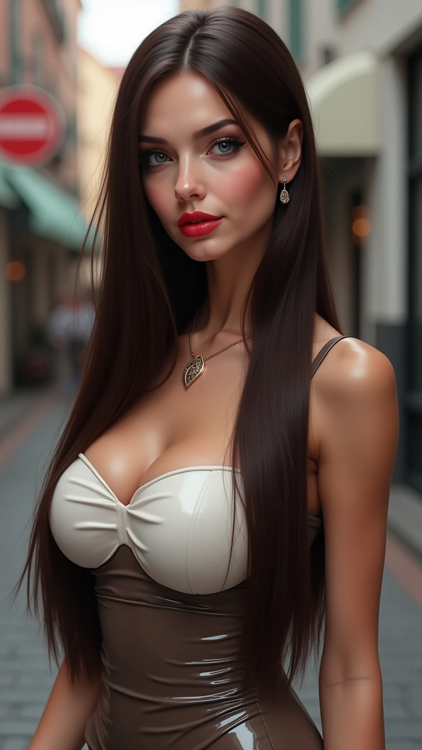 lucy pinder, face portrait, smiling, ponytail, black hair, hoop earrings, black bra, red lipstick.