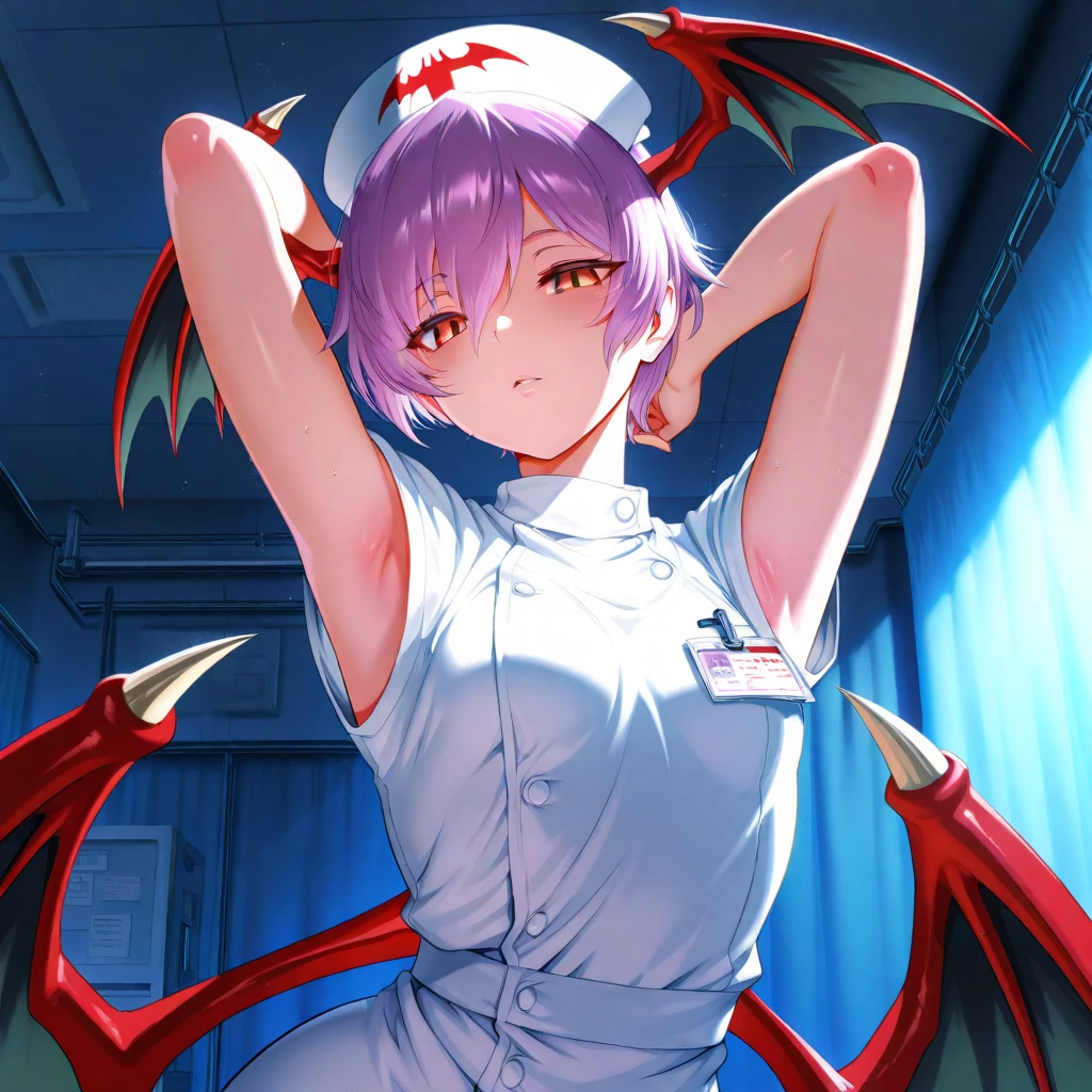 (Nurse's outfit),devil horns, red eyes, In the hospital room, Mind control by a succubus, Sexy latex strip, 3P sex, with devil's wings, Inverted cross necklace, big bust,Nurse's outfit, dark, night,