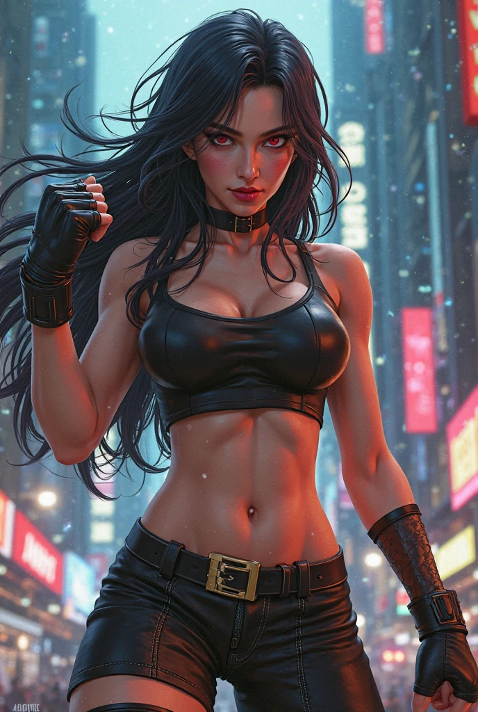 "A towering Giantess in a cool and laid-back hippie style is rocking a crop top and baggy pants. Her toned and athletic build hints at her massive strength. She seems to be casually strolling through the bustling cityscape of GTS City, as towering buildings loom overhead. Smoke and clouds roil around her, adding to the sense of epic scale and drama. The lighting is dark, gloomy, and realistic, creating a tense and ominous atmosphere. The perspective is from below, emphasizing the sheer majesty and power of the Giantess."